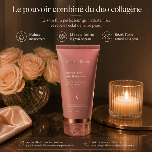 Masque Bio-Collagène Maison Rosée à poser jusqu’à 30 minutes, conçu pour hydrater la peau, améliorer son confort et révéler un teint plus lumineux et lisse.