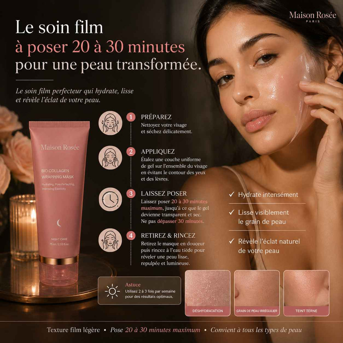 Masque Bio-Collagène Maison Rosée à poser 20 à 30 minutes maximum pour hydrater la peau, lisser le grain de peau et révéler un teint plus lumineux.