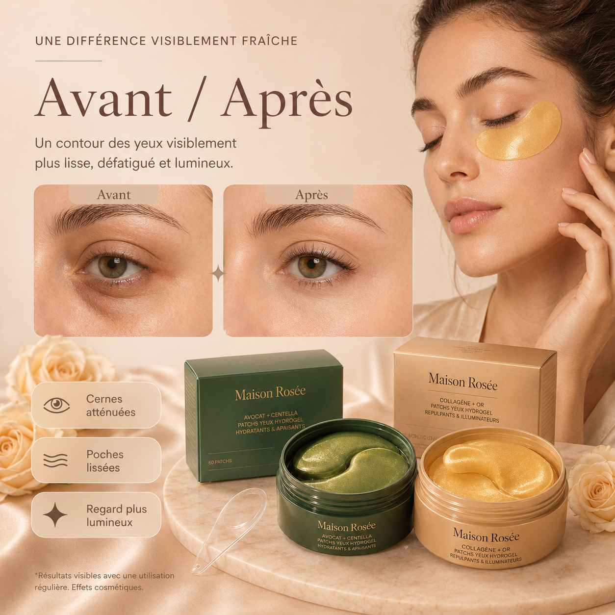 Avant après patchs yeux or et avocat Maison Rosée pour un regard reposé et lumineux