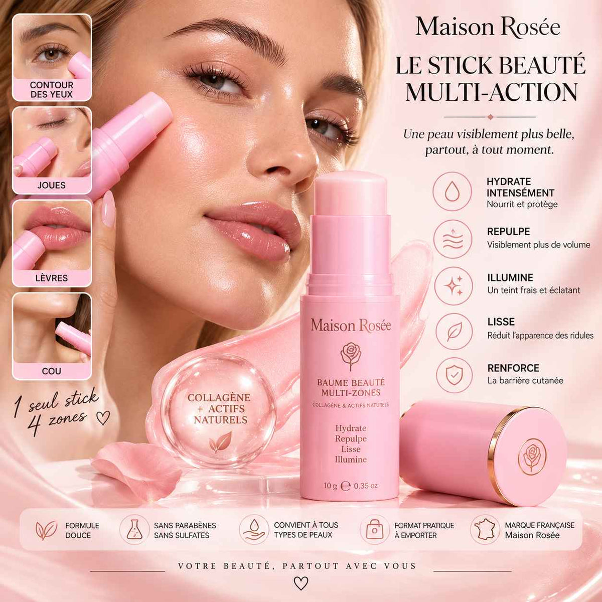 Baume Beauté Multi-Zones Maison Rosée – stick hydratant, repulpant et illuminateur