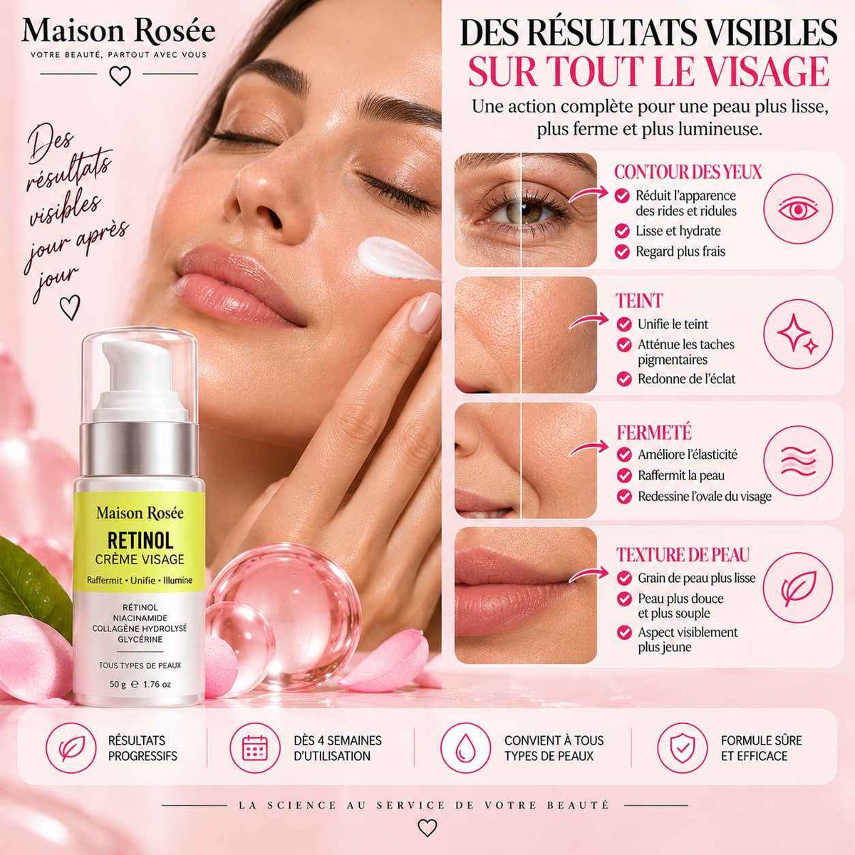 Avant après illustrant l'apparence d'une peau plus lisse, lumineuse et uniforme avec la crème Maison Rosée