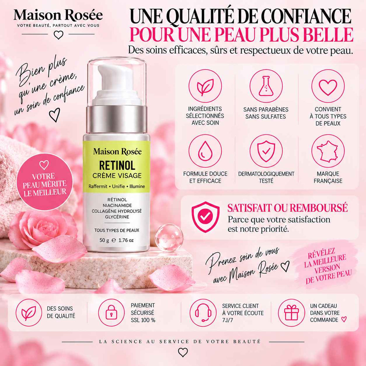 Crème visage au rétinol Maison Rosée – présentation de la qualité et des engagements de la marque