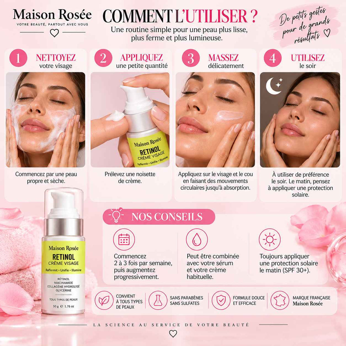 Application de la crème au rétinol Maison Rosée sur le visage et les zones ciblées