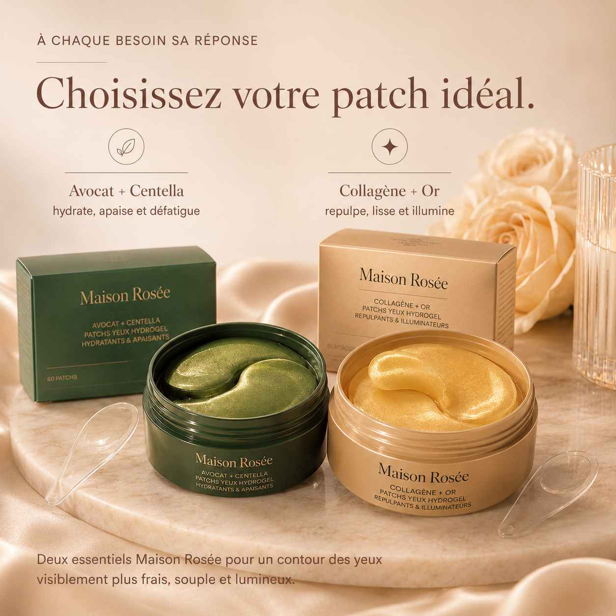 Patchs yeux hydratants Maison Rosée au collagène, or et avocat pour le contour des yeux