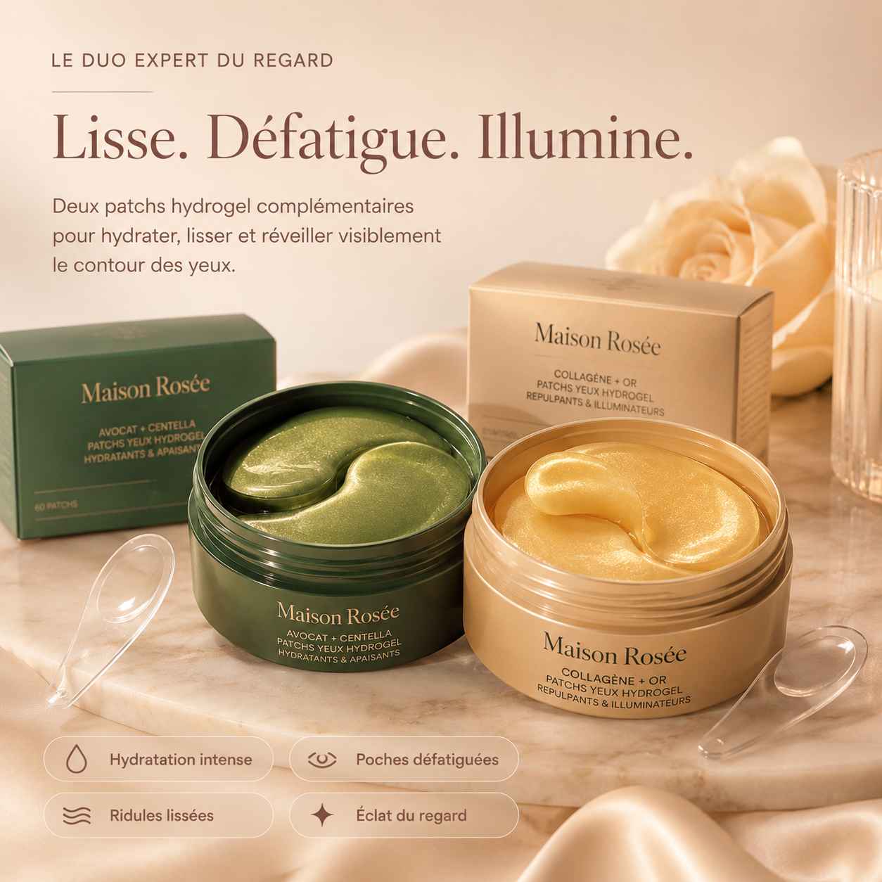 Patchs yeux or et avocat Maison Rosée pour réduire les poches, lisser et illuminer le regard
