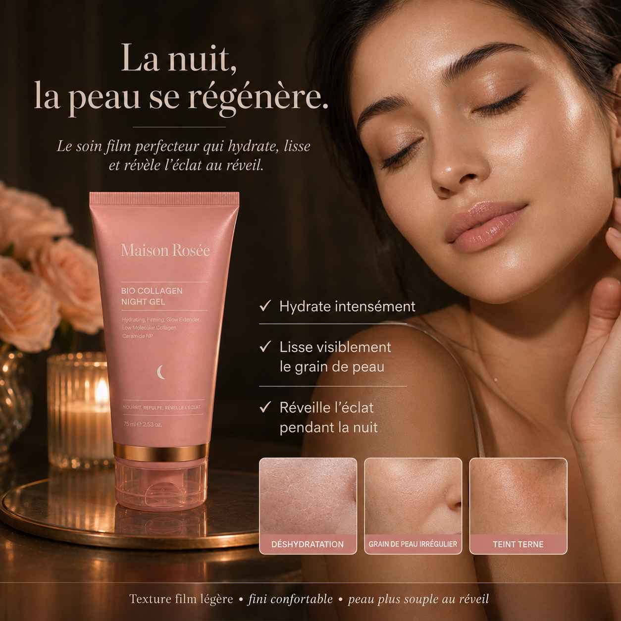 Masque de nuit au collagène marin Maison Rosée appliqué dans une routine soin visage anti-âge