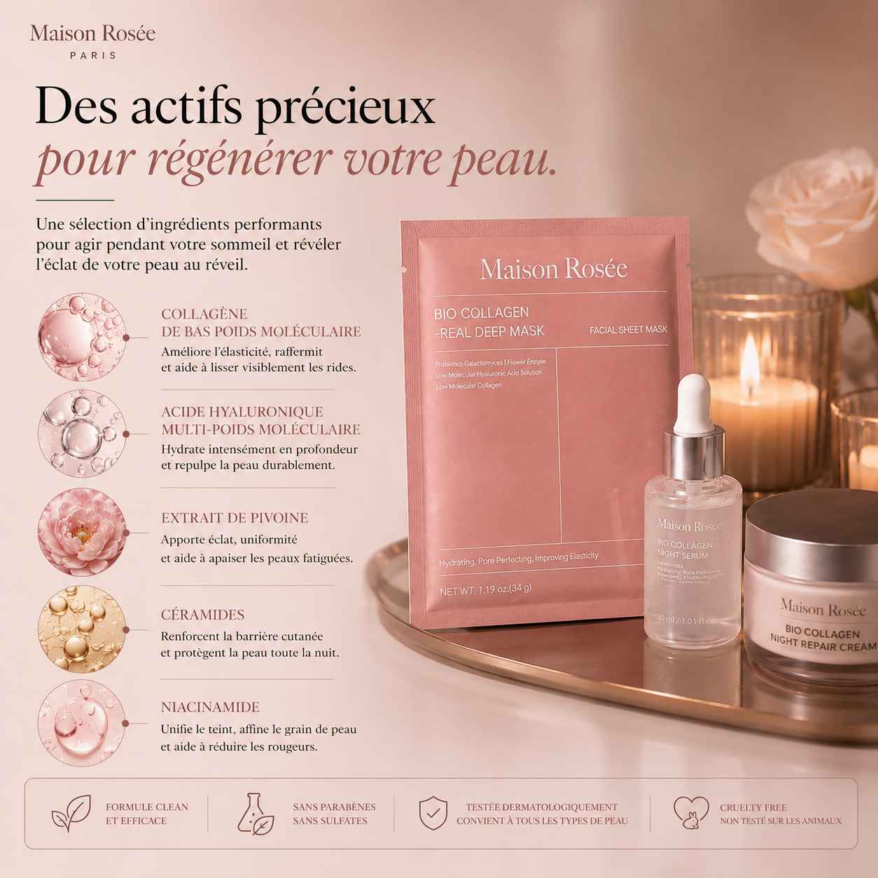 Actifs puissants du masque nuit bio collagène Maison Rosée pour le soin du visage